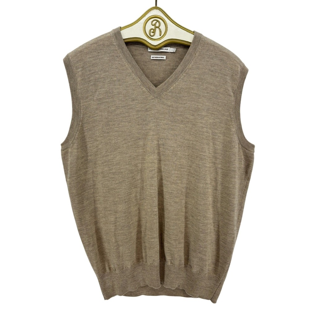 Peter Millar Merino Wool Sweater Vest Tan V Neck Knit Pullover Layering LARGE